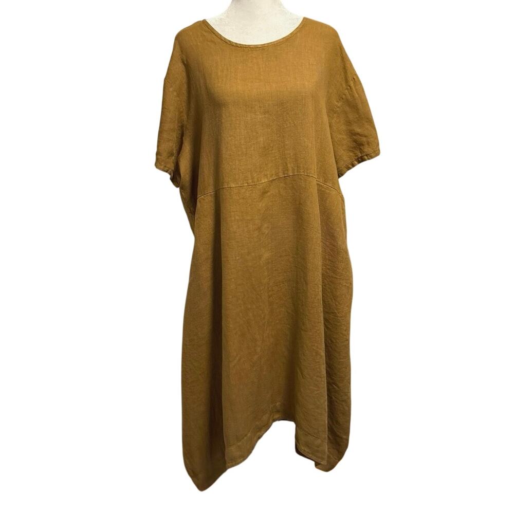 Bryn Walker Size M 100% Linen Midi Dress Chartreuse Lagenlook Made in USA